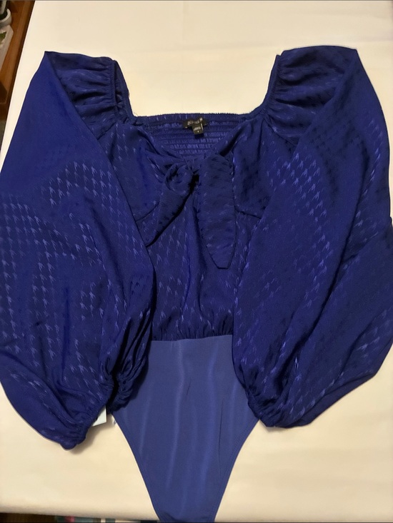 Express Tops - Express Cobalt Blue Puff-Sleeve Tie-Front Bodysuit